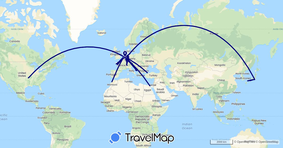 TravelMap itinerary: driving in Austria, Belgium, Switzerland, Germany, Egypt, France, Croatia, Japan, Morocco, Netherlands, Turkey, United States (Africa, Asia, Europe, North America)